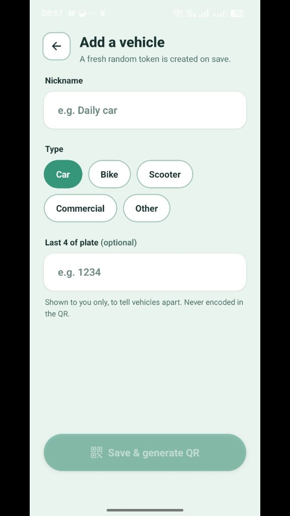 Qonnect add vehicle form with type selection