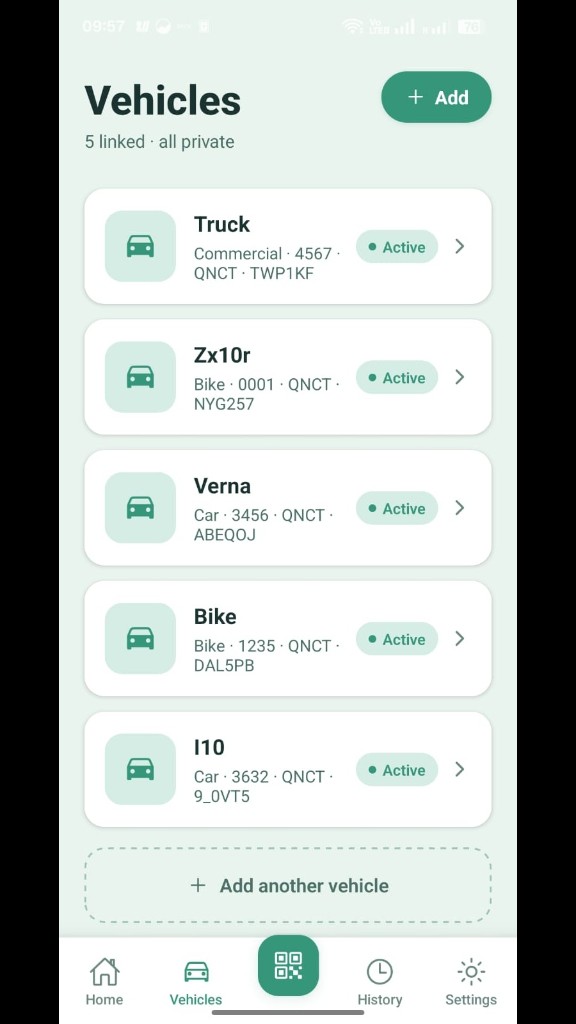 Qonnect vehicles list showing linked vehicles