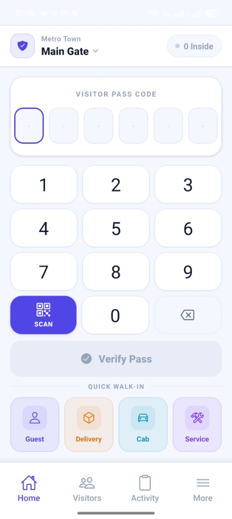 Guard app main gate pass code entry and quick walk-in