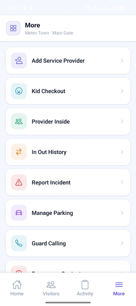 Guard app more menu with society management tools