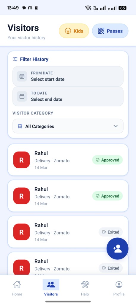 Resident app visitor history with approval status